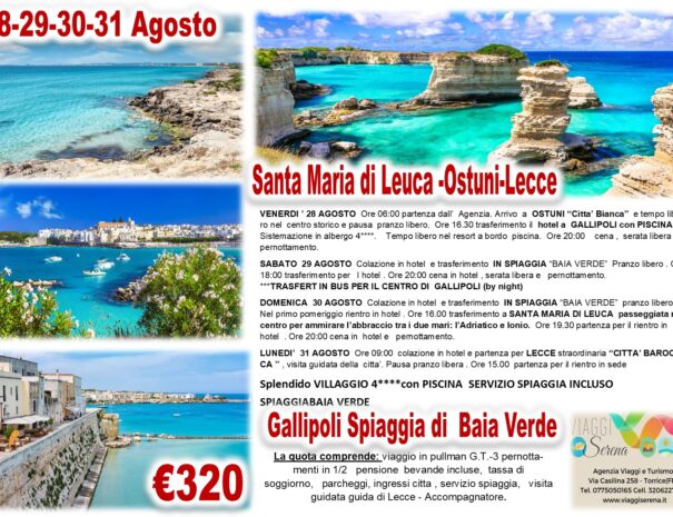 GALLIPOLI SANTA MARIA DI LEUCA LECCE OSTUNI 28-31 AGOSTO 2026
