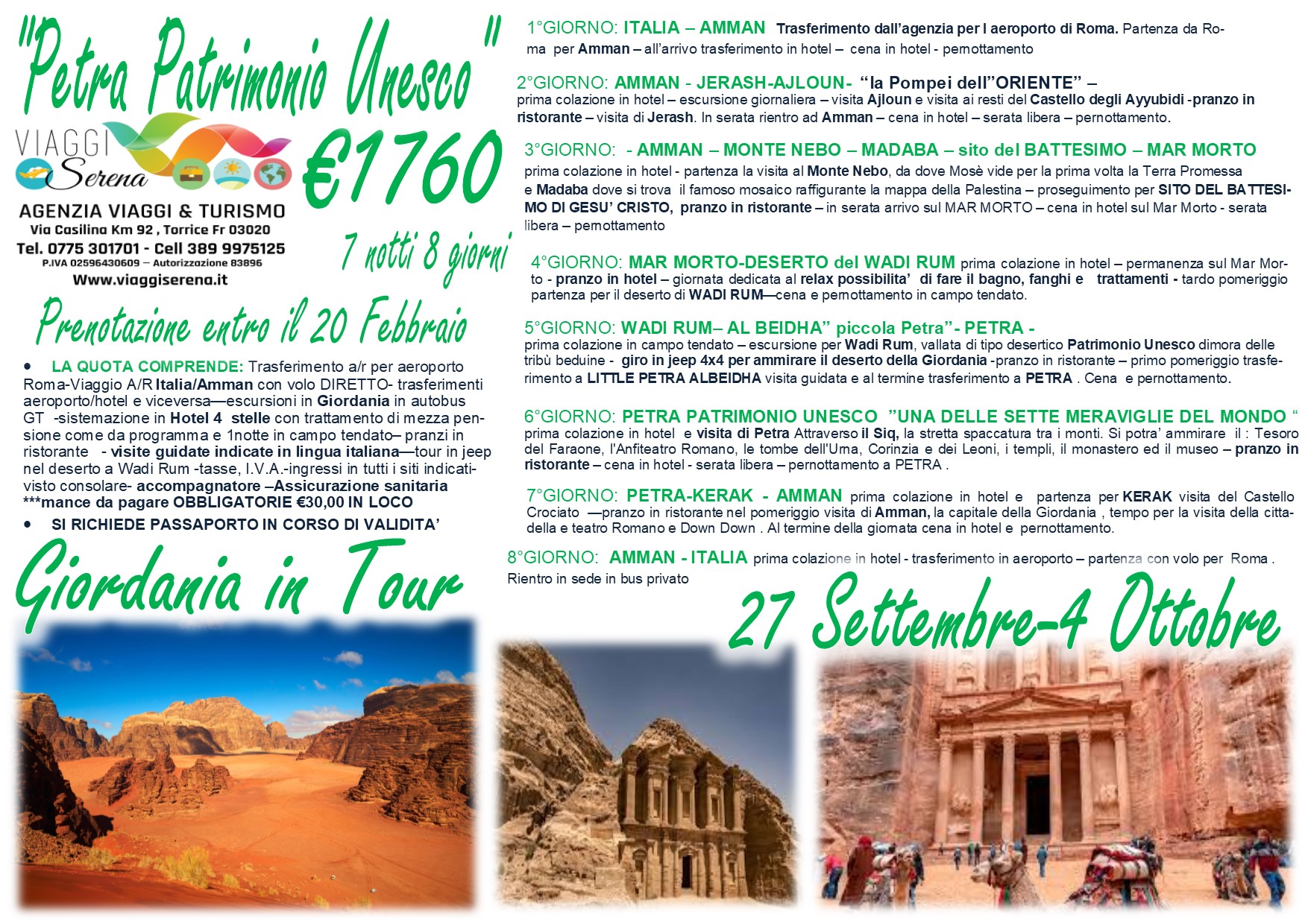 Viaggi di Gruppo: Gran Tour Giordania “Speciale Petra” 27 Settembre- 4 Ottobre  € 1760,00