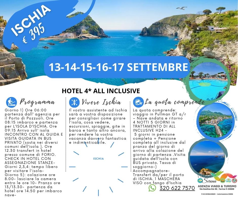 Viaggi di Gruppo: Isola d’Ischia 13-14-15-16-17 Settembre All inclusive € 395,00