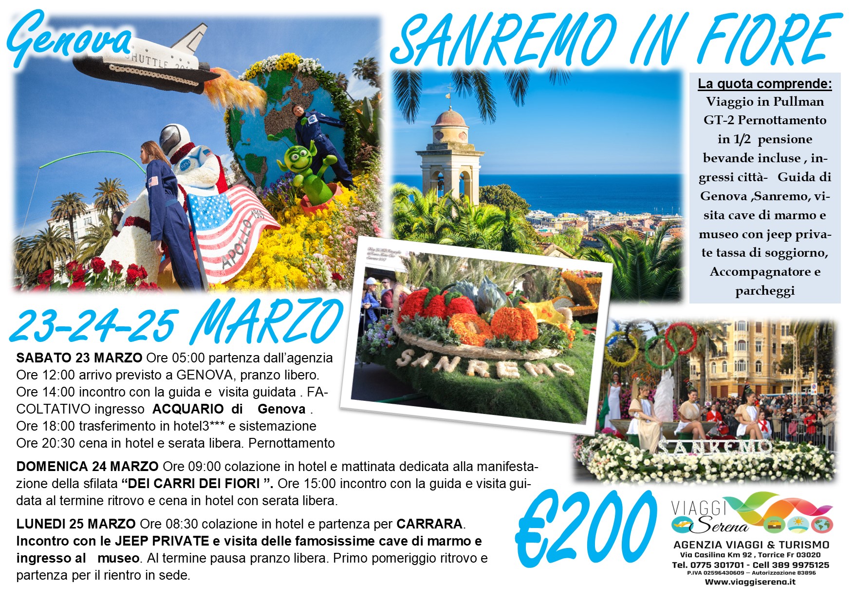 Viaggi di gruppo: Sanremo in Fiore , Genova & Cave di Carrara 23-24-25 Marzo €200