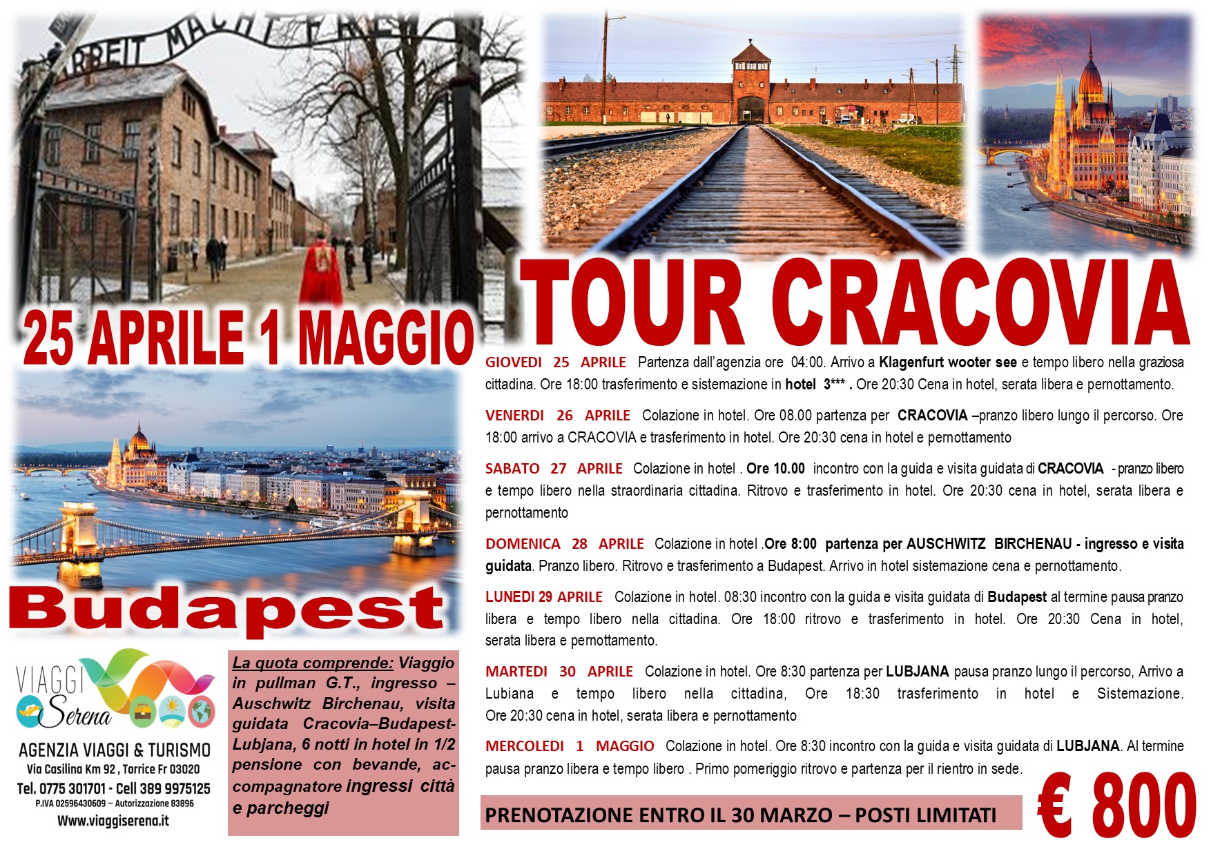 Viaggi di gruppo: Tour CRACOVIA Auschwitz Birchenau & Budapest 25 Aprile – 1 Maggio €800
