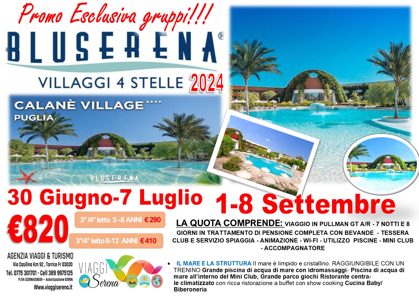 Viaggi di gruppo: Villaggio Mare BluSerena Calane’ Village 1-8 Settembre €820,00