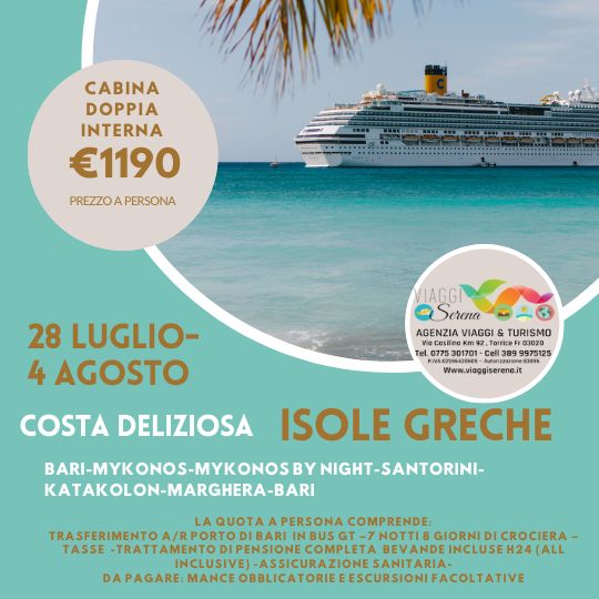 Viaggi di gruppo: Crociera Isole Greche Costa Deliziosa 28 Luglio-4 Agosto  €1190,00